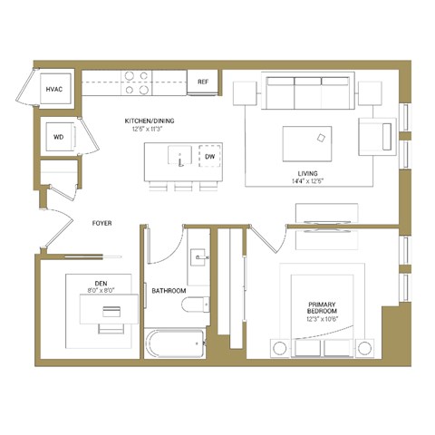 A floor plan of a house with a living room, dining room, kitchen, and multiple bathrooms.